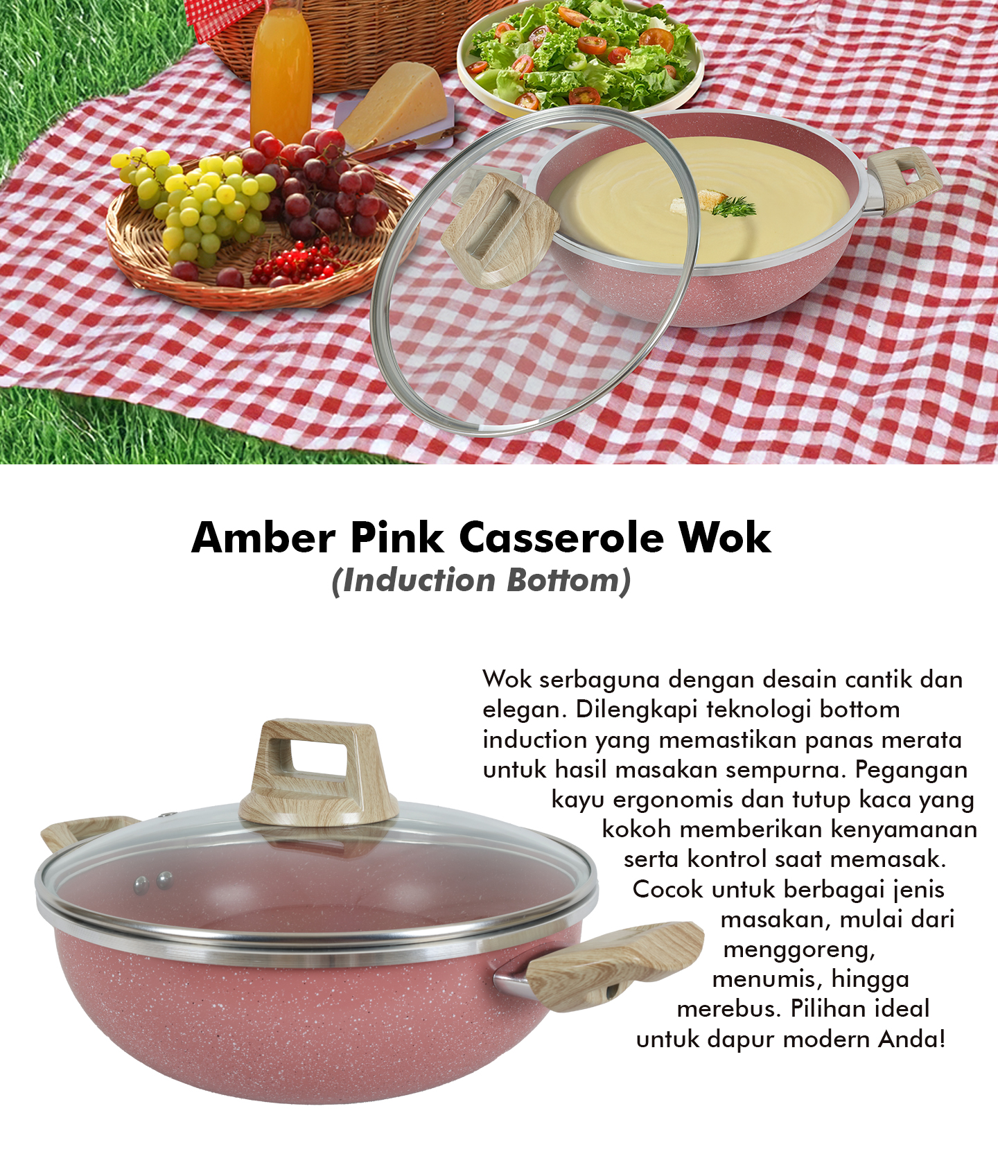 Amber Pink Casserolle Wok
